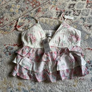 Hollister White Tank Top with Pink Floral Ruffle Tiers